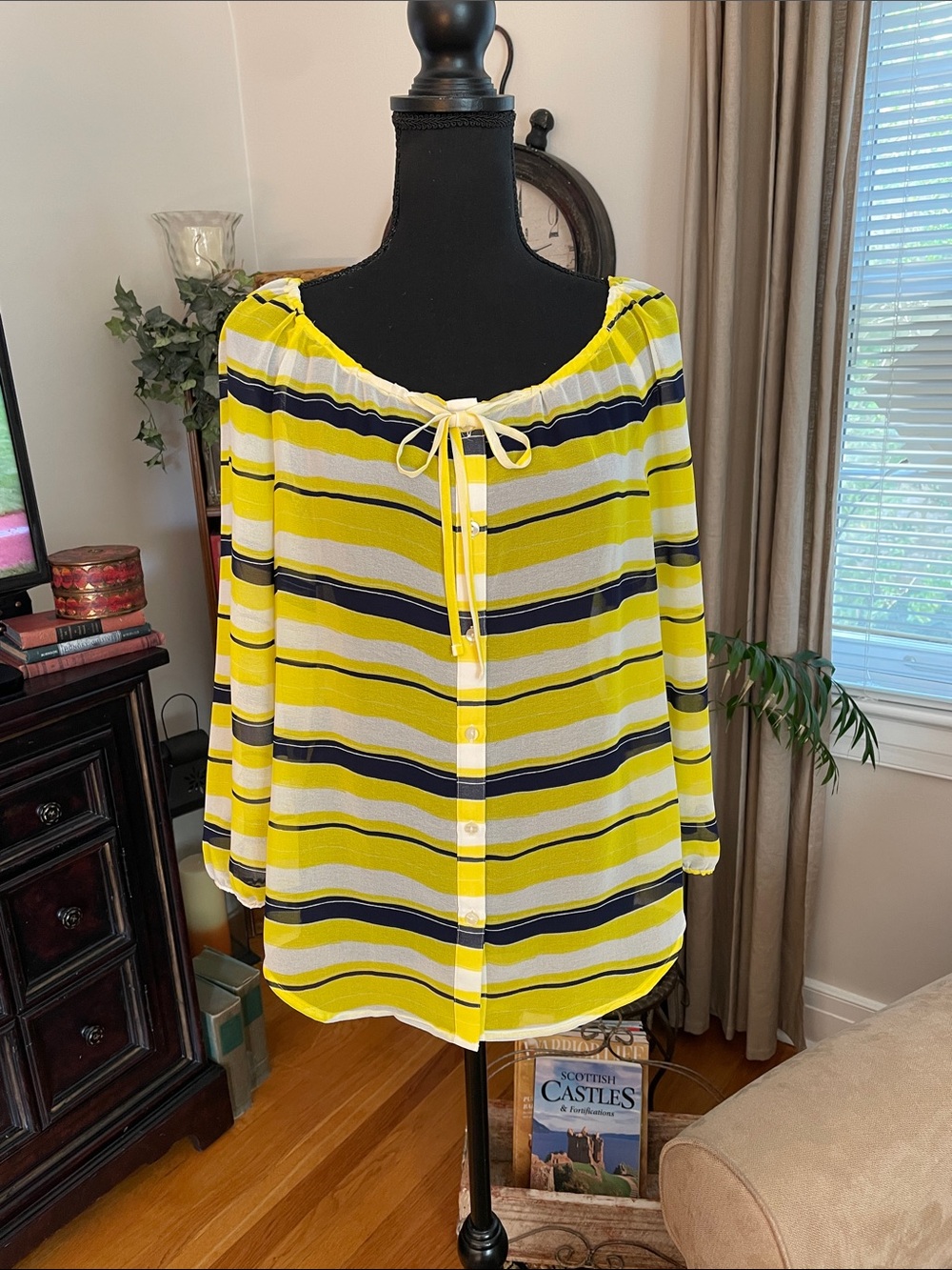 Ann Taylor Yellow, Navy and White Striped Peasant Blouse